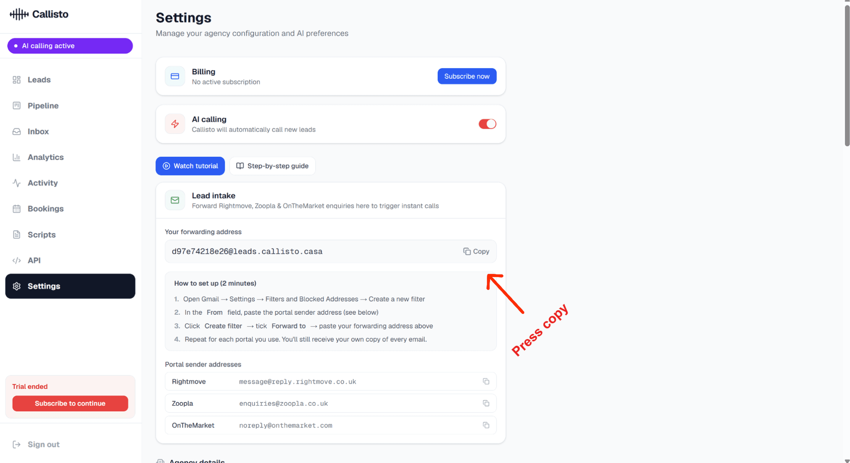 Step 1 — Copy your Callisto Voice forwarding address — screenshot 1