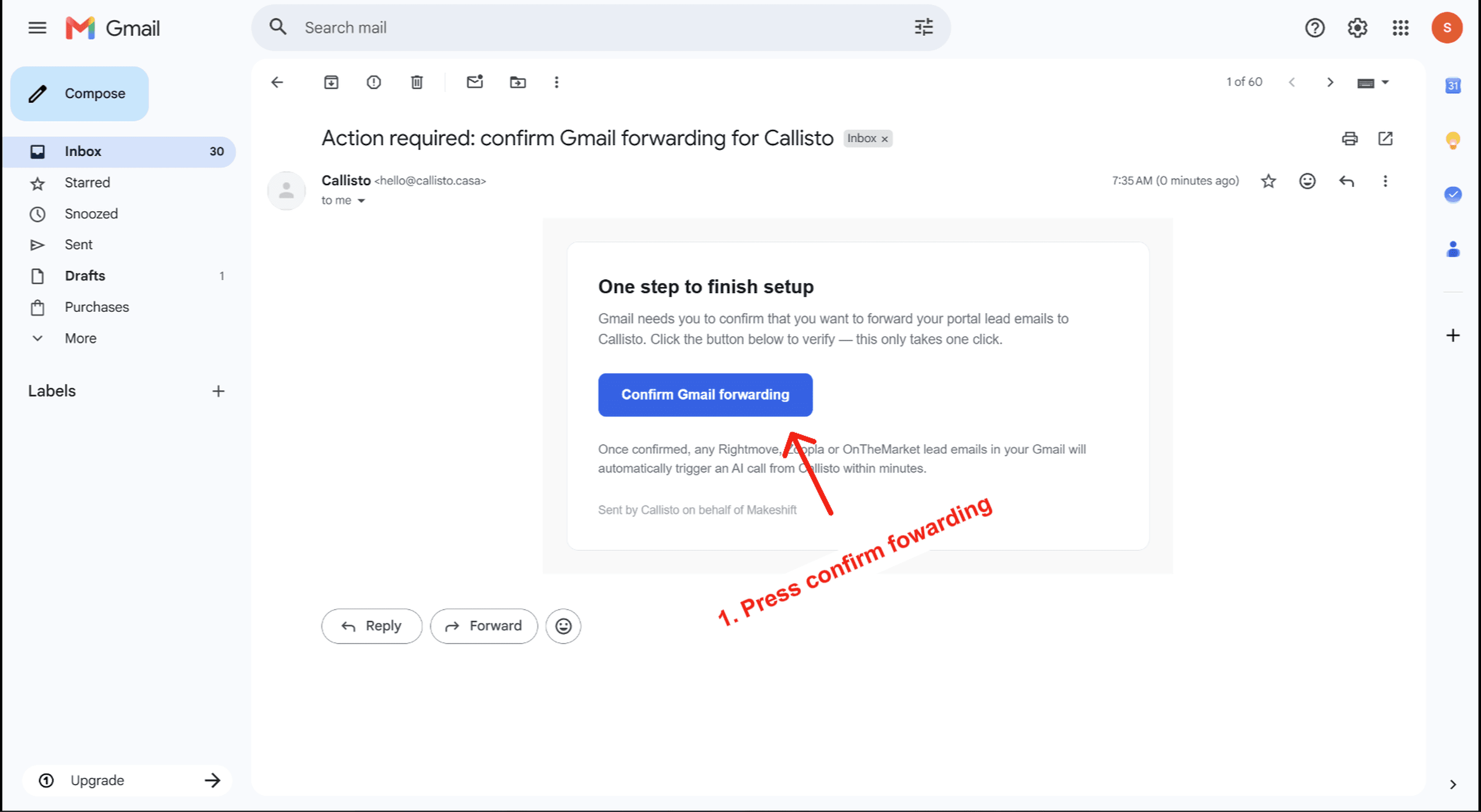 Step 4 — Confirm the forwarding address — screenshot 1