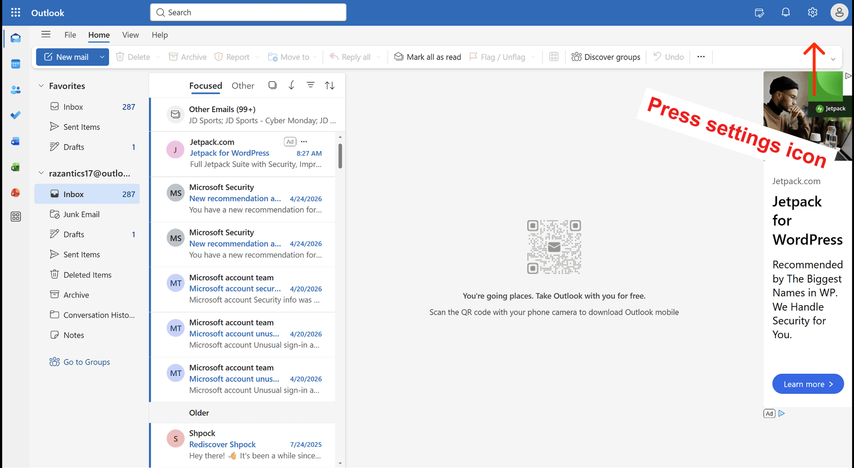 Step 2 — Open Outlook Settings — screenshot 1